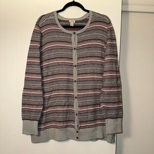 L.L. Bean Womens 2X Fair Isle Cardigan Sweater Gray Red Black Cashmere Blend EUC